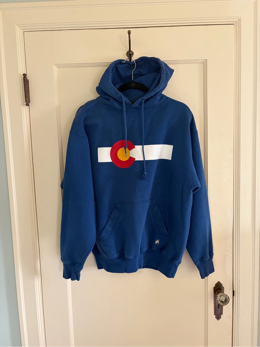 Blue Hooded Pullover Sweatshirt with Colorado Flag Graphic